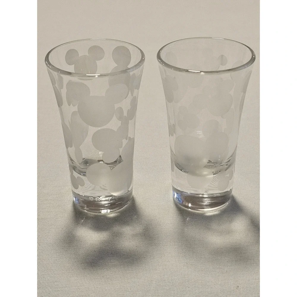 Disney Mickey Mouse Frosted Glass Shot Glasses Set of 2 Clear 4 Inch Tall